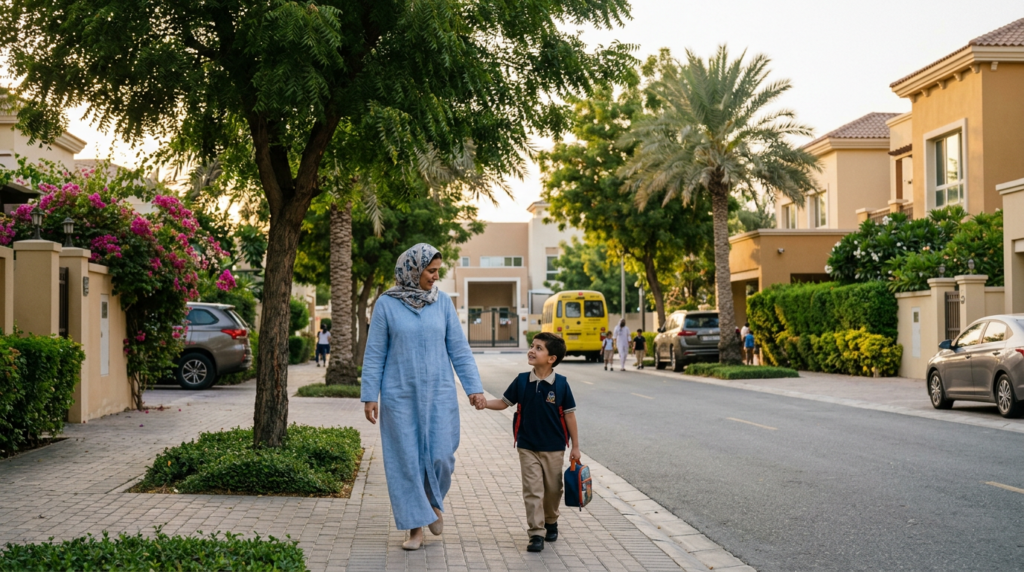 A mother and her son walking and holding hands in a residential neighborhood in Dubai.