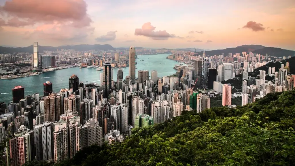 Hong Kong harbour and skyline seen from Victoria Peak on a clear day.