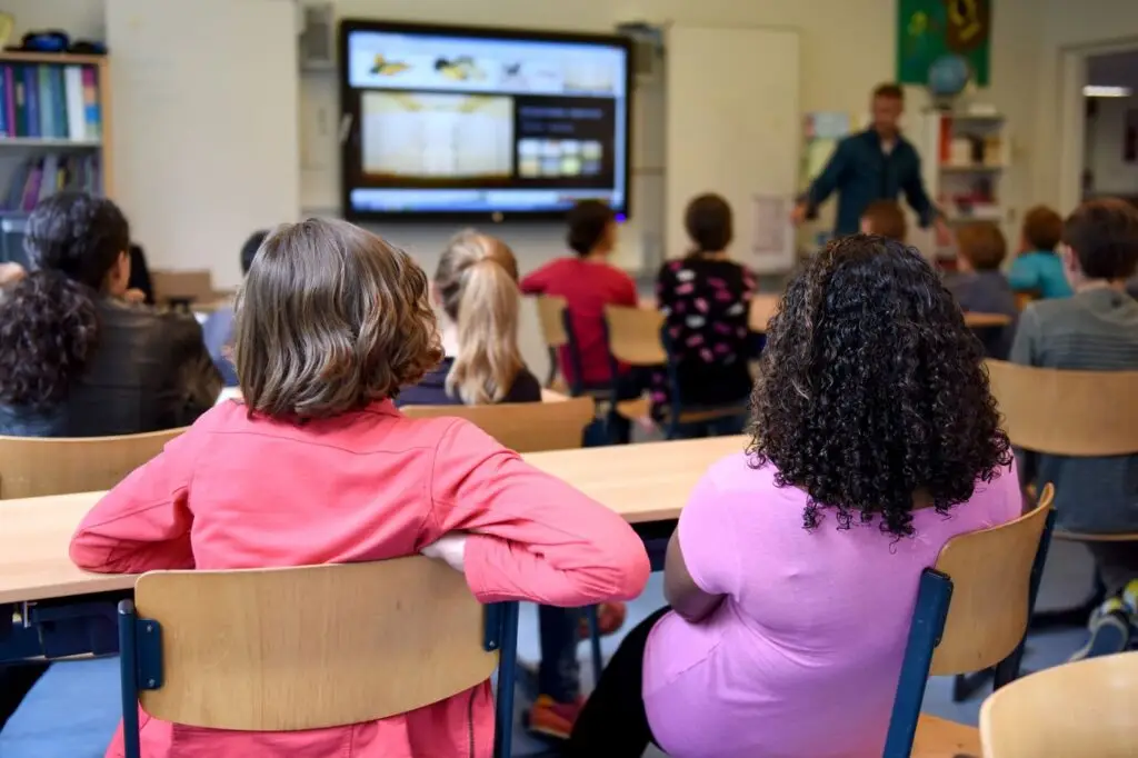 Primary school students seated at desks watching a teacher present a lesson on a screen in a bright international school classroom