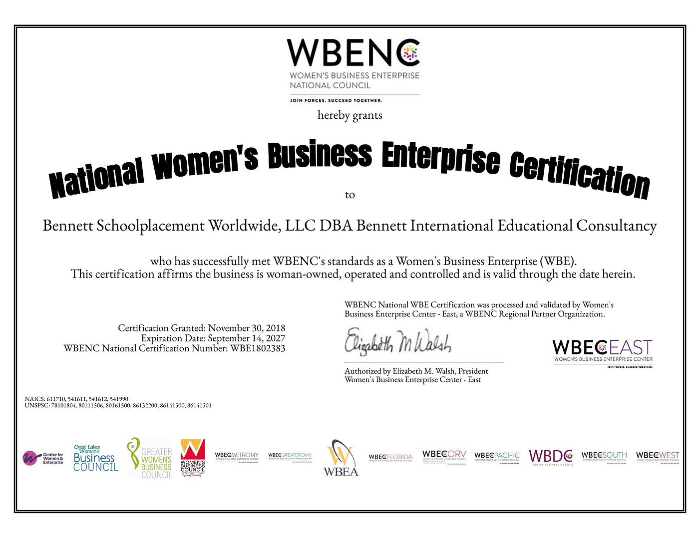 Bennett International's WBENC National Women's Business Enterprise Certification, valid through September 14, 2027.