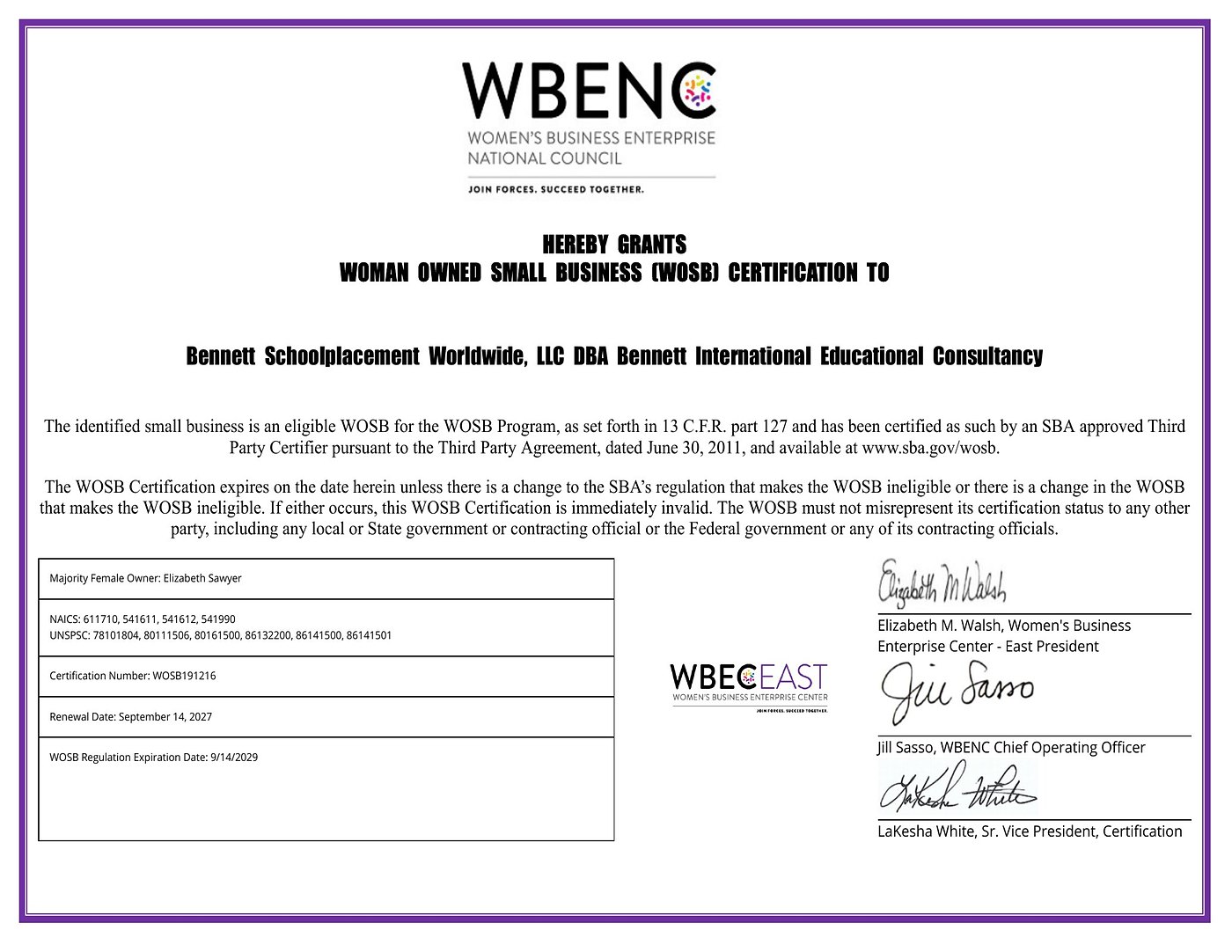 Bennett International's Woman Owned Small Business (WOSB) Certification, valid through September 14, 2027.