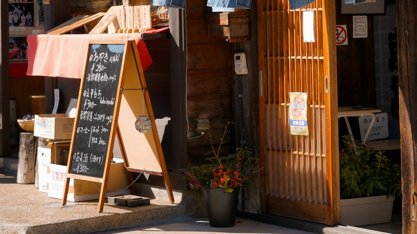 A quiet residential street in Japan with low houses, potted plants and flowering shrubs