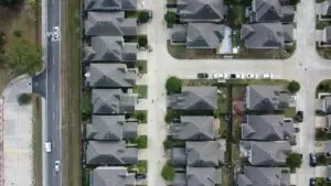 An aerial view of a Dallas-area subdivision, where neighboring homes can sit in different school districts.