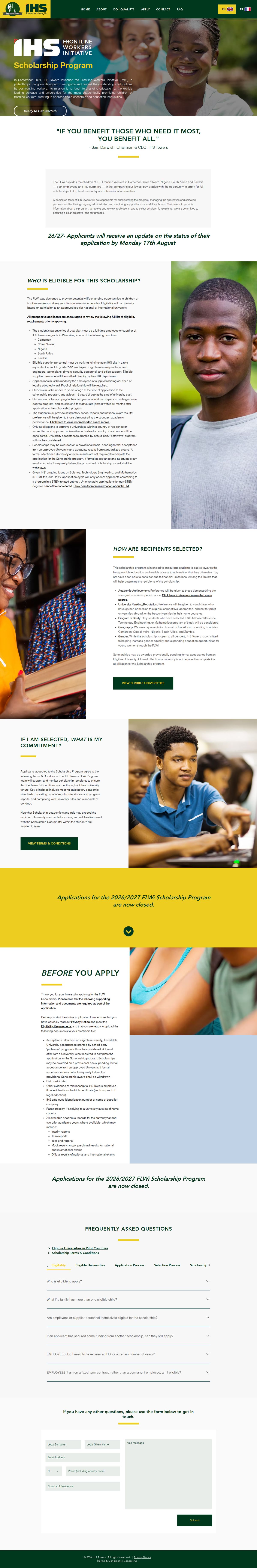 Full-page view of the FLWi Scholars website Bennett designed and built for IHS Towers