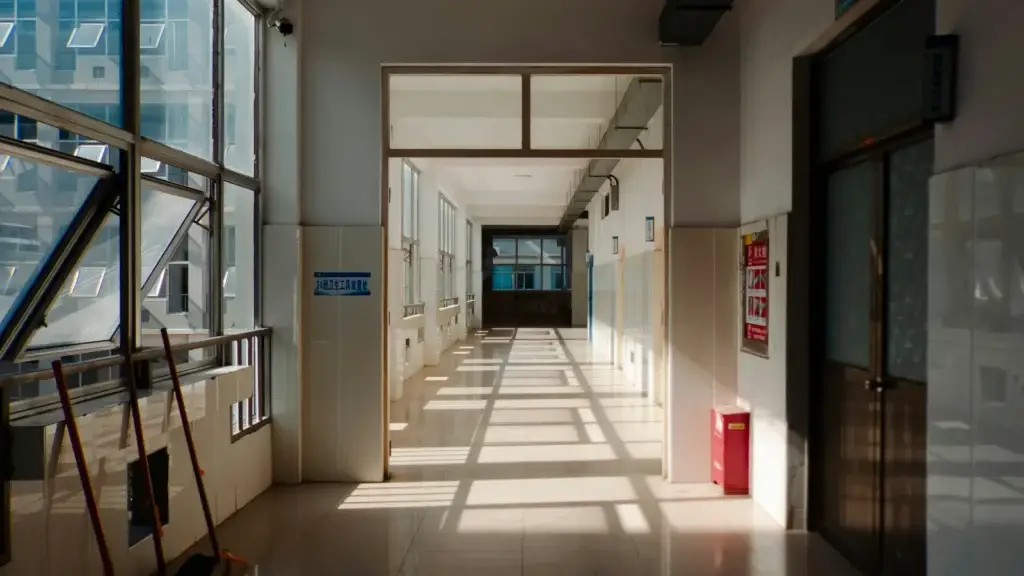A sunlit school corridor