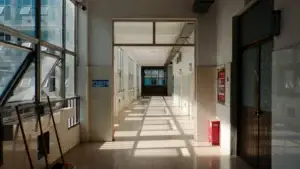 A sunlit school corridor