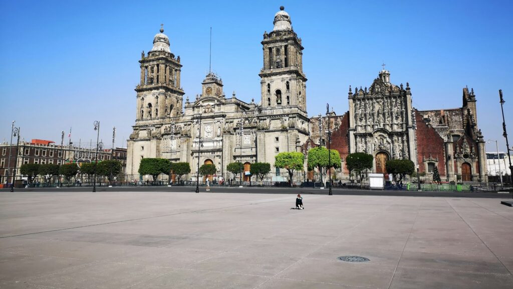 The Metropolitan Cathedral on the Zocalo in Mexico City under a clear blue sky